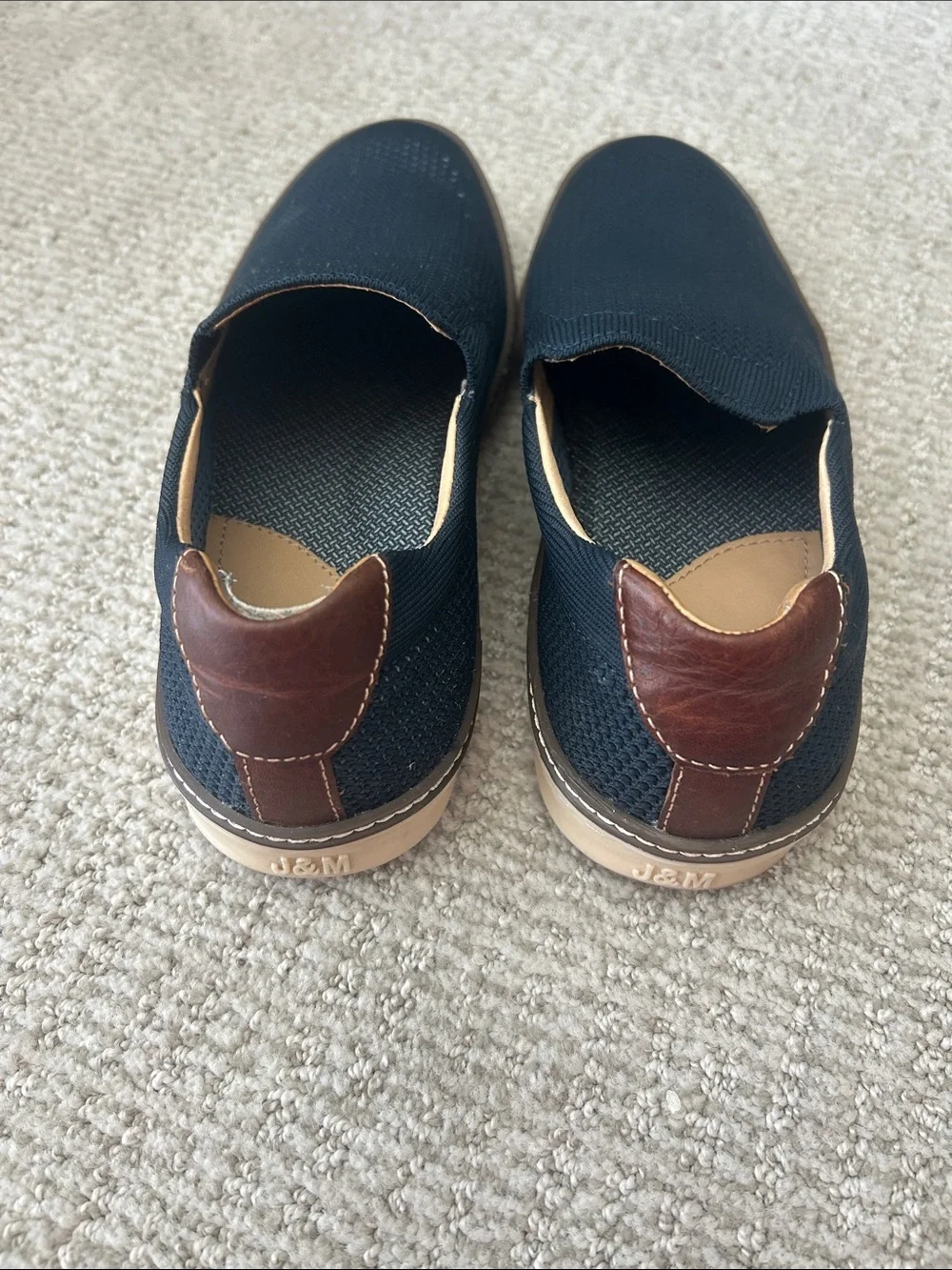 J&M Men's Navy Knit Slip-On Loafers with Brown Trim